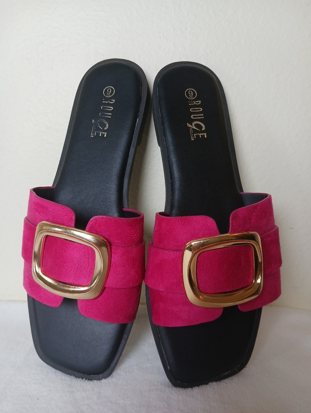 Rouge! Fuchsia Slide Mules with Gold Buckle